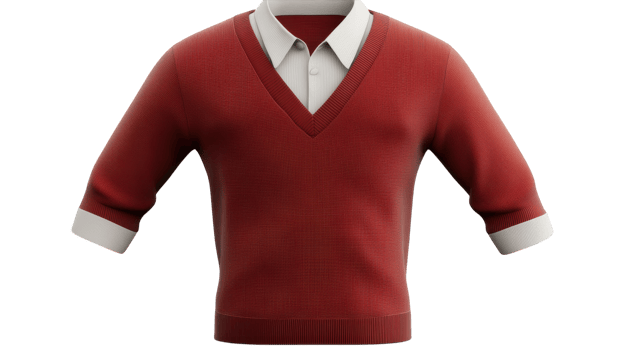 A red sweater with white collar and sleeves png