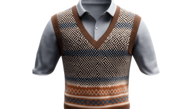 A sweater vest with a white shirt and brown and blue pattern png