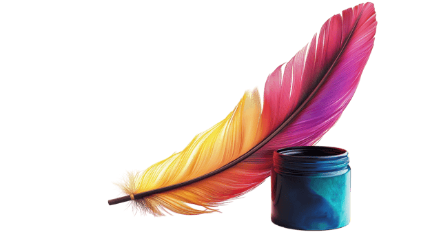 A colorful feather next to a bottle of ink png