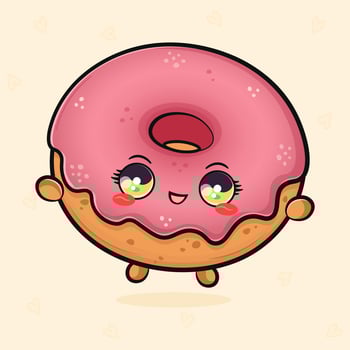 Cute funny jumping pink Donut. hand drawn cartoon kawaii character illustration icon. Isolated on light green background. pink Donut concept vector