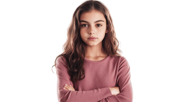 A girl with her arms crossed standing in front of a black background png