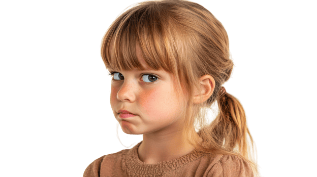 A little girl with a ponytail and a brown shirt png