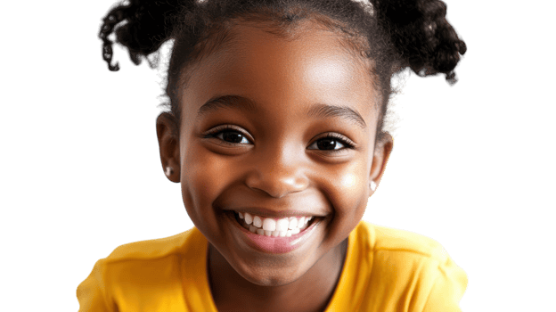 A young girl smiles while wearing a yellow shirt png