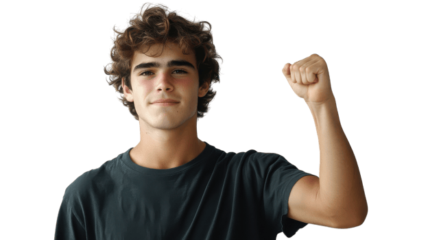 A young man with his fist raised in the air png