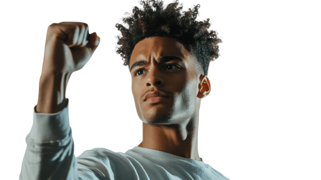 A young man with a fist raised in the air png