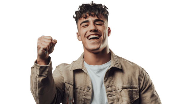 A man is smiling and holding up his fist png
