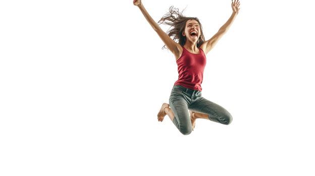 A woman jumping in the air with her arms up png