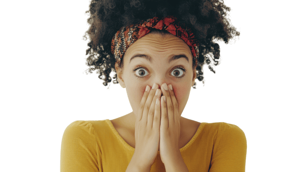A woman with an afro is covering her mouth png