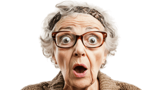 An old woman with glasses and a surprised expression png