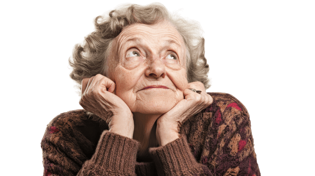 An older woman is looking up with her hands on her chin png