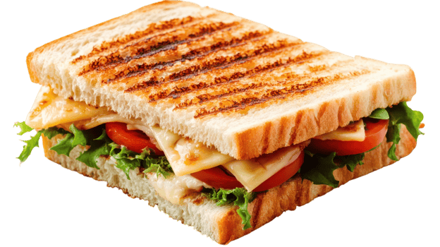 A grilled sandwich with lettuce, tomatoes and cheese png