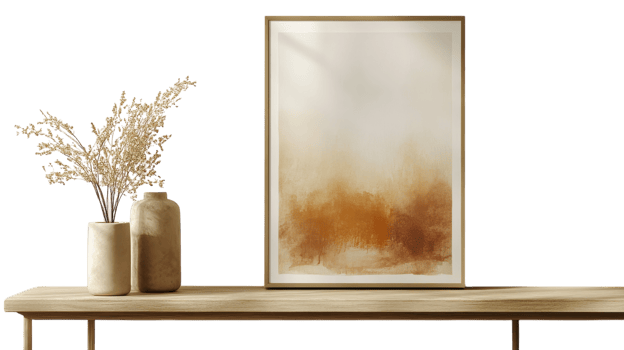 A framed painting on a table next to a vase png