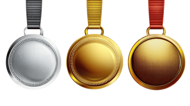 Three gold, silver and bronze medals on a black background png
