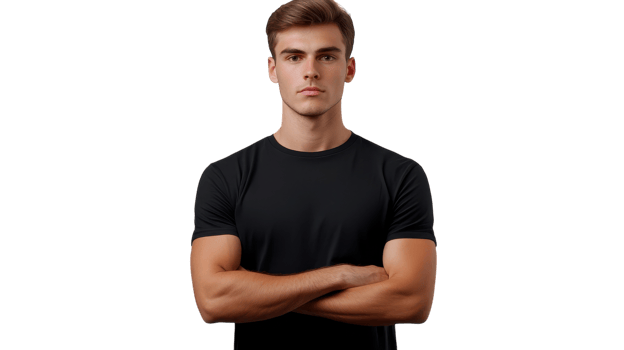 A man in a black t - shirt standing with his arms crossed png