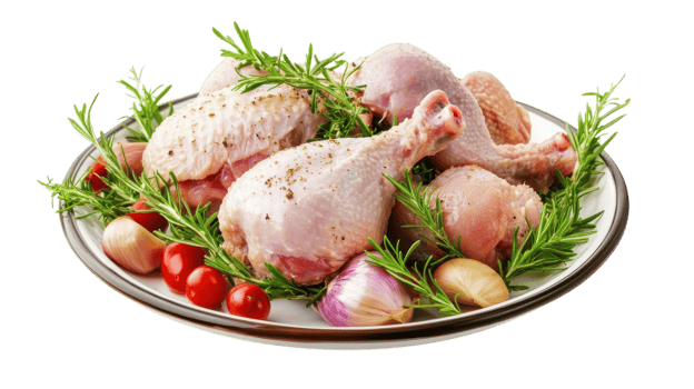 Raw chicken with rosemary and tomatoes png