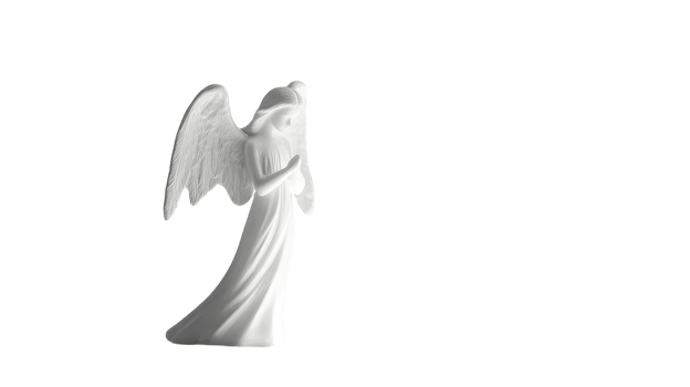 A white figurine of an angel on a black background png