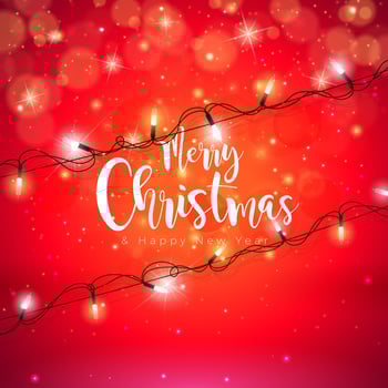 Merry Christmas and Happy New Year Illustration with Lights Garland and Typography Lettering on Red Background. Holiday Season Banner Design for Greeting Card, Party Flyer, Celebration Poster vector