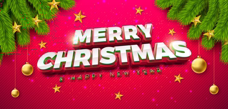Merry Christmas and Happy New Year Banner with Fir Branch and 3d Typography Lettering on Red Background. Xmas Holiday Season Banner Design for Greeting Card, Party Flyer, Celebration Poster and vector