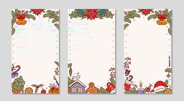 Christmas frame. For Social media long greeting post. Background with fir branches, gingerbread cookies, Christmas gifts and bells. Holidays vertical text templates set. doodle illustration. vector