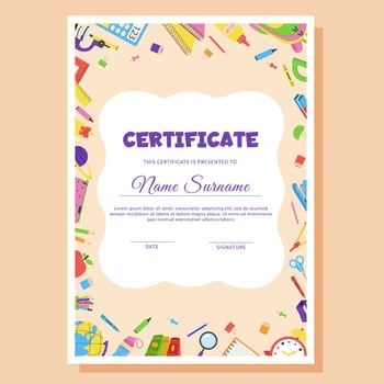 School certificate template with school supplies. vector