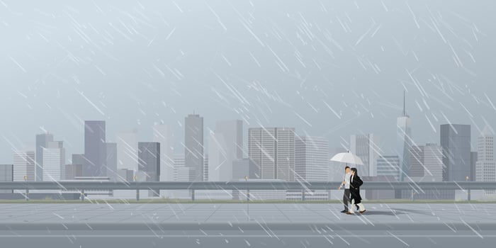 Cityscape in rainy day with couple of lover under umbrella walking on the sidewalk have skyscraper and dusk sky background graphic illustration. vector