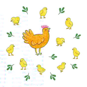 Colorful Illustration of Hen with Small Yellow Chickens Isolated on White Background vector