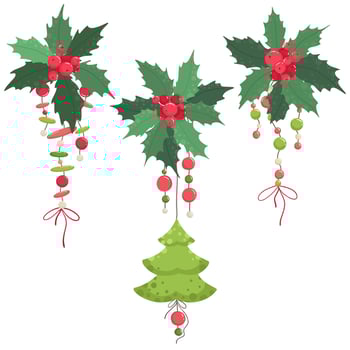 Holly leaves with berries, pendants decorations Christmas. Christmas decor in flat style. vector