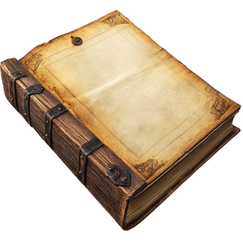 An open old book with a cover and wooden elements against a transparent background png