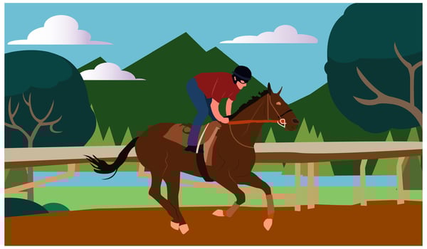 riding a racehorse. Horse riding, training for a racehorse in a mountainous countryside area. Horse racing, equestrian sport. Flat illustration isolated on white background vector