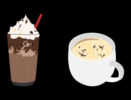 iced chocolate drink with vanilla cream and hot chocolate sprinkled with chocolate bar flakes. happy, relax. black background vector