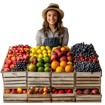 Fruit Store Display Featuring a Smiling Woman png
