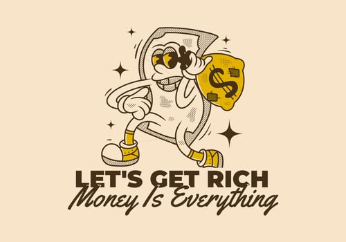 A Money mascot character holding a money bag, vintage illustration design, retro look vector