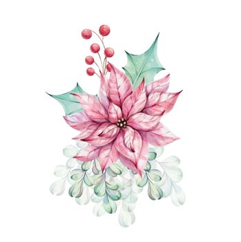 Christmas watercolor Red poinsettia flowers bouquet with holly green leaves and mistletoe, red berries. Illustration hand drawn for design, printing, greeting cards. clip art vector