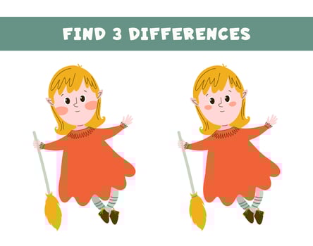 Find three differences between two pictures.Cute witch with a broom. vector