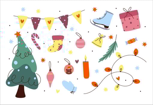 Hand drawn cute cartoon illustration of Christmas elements set. Flat winter stickers collection style. New Years icon for print. vector