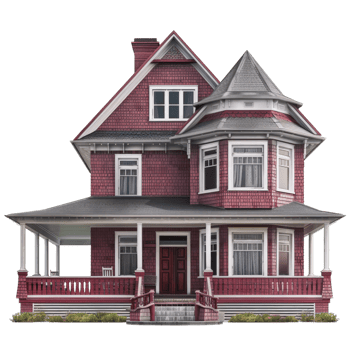 A red victorian house with a porch and a porch png