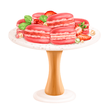 Homemade macaroons standing on a dessert stand decorated with strawberries and leaves. A festive cupcakes, cakes, pastry from bakery. For menu, invitation, package. Digital isolated illustration png