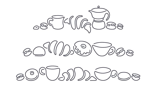 Cookie, coffee line border. Donut, croissant, cup vector