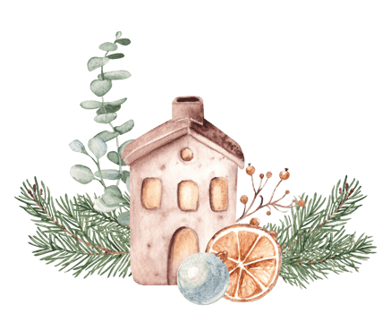 Christmas Composition with Ceramic house with Glass ball, Fir Branches and eucalyptus. Cozy home decoration in Rustic style. Watercolor Hand drawn illustration. For Christmas or Housewarming party png