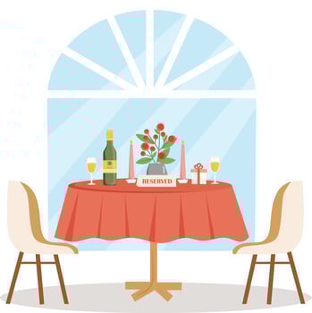 Reserved table at restaurant for two people for romantic dinner. Valentine day. Table with bottle of wine, wine glases, vase with flowers, candels, gift. vector