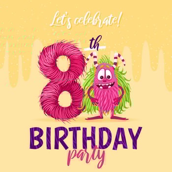 Birthday party invitation card with cartoon monster, hand drawn fluffy number eight, and slime. Celebrate a eighth birthday. Happy birthday and Halloween concepts. vector