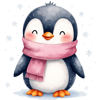 A cute penguin stands happily, wrapped in a pink scarf, surrounded by gentle snowflakes cutouts png