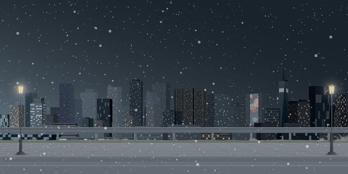 Cityscape in winter season at night view from sidewalk have skyscraper and night sky background graphic illustration. vector