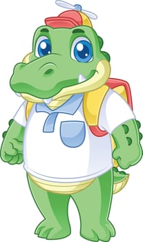 cute friendly crocodile cartoon character with propeller hat and carrying bag vector