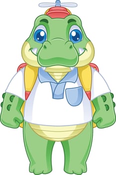cute friendly crocodile cartoon character with propeller hat and carrying bag facing forward vector