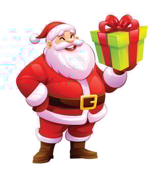 Cheerful Santa Claus holding a Christmas gift. Cartoon character illustration vector