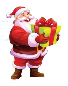 Cheerful Santa Claus holding a Christmas gift. Cartoon illustration vector