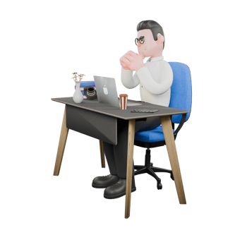 Producer Character in 3D. A male producer sits facing to the right while both hands are clasped together with a serious expression. Studio Style png