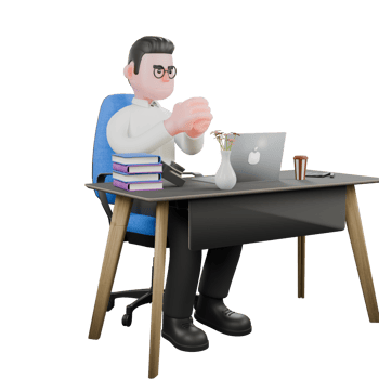 3D Producer Design. A male producer sits with both hands clasped on the table. Director Model png
