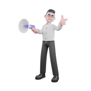 3D Animated Cartoon Producer. A male producer stands while pointing in a certain direction, the other hand carrying a loudspeaker. 3D Style png